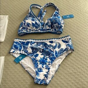 Blue and White Floral Bikini Set